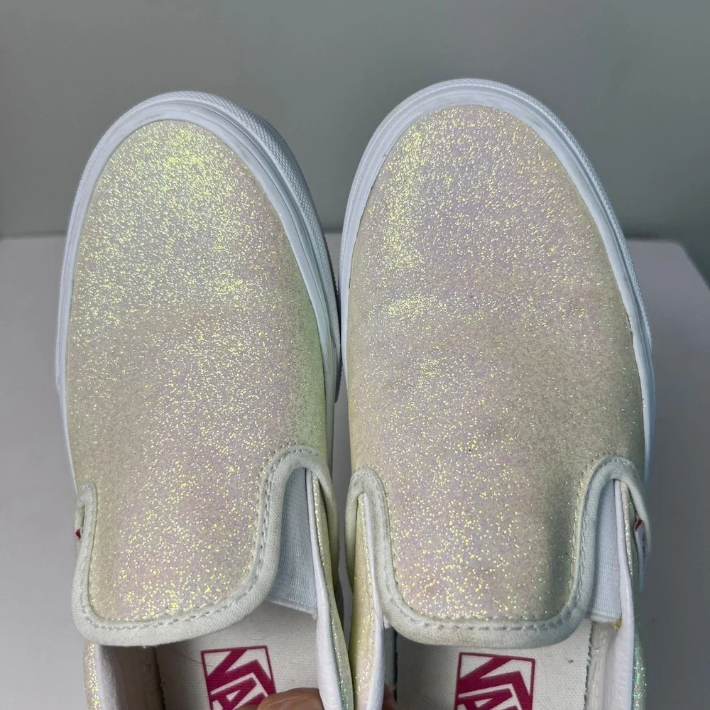 Vans Slip On Shoes Womens 8.5 Beige Shiny Glitter Sparkle Sneakers